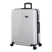 Load image into Gallery viewer, Angled front view of the white suitcase with black accents. The telescopic handle is partly pulled up.
