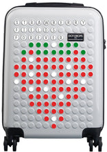 Load image into Gallery viewer, Front view of the white suitcase decorated with the letters, red, white, and green circle stickers in the shape of a strawberry with text spelling: STRAWBERRY FIELDS FOREVER
