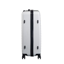 Load image into Gallery viewer, Side panel view of the white suitcase with black accents. It features four black stub legs to set the suitcase on it's side. 
