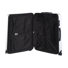 Load image into Gallery viewer, Interior view of the black suitcase. It has black fabric lining, one zipper-closing panel divider with pockets, and one set of adjustable straps on the opposite side.

