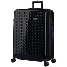 Load image into Gallery viewer, Angled front view of the black suitcase. The telescopic handle is partly pulled up.
