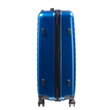 Load image into Gallery viewer, Side panel view of the blue suitcase. It features four stub legs to stand the suitcase on it's side.
