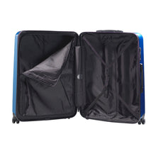 Load image into Gallery viewer, Interior view of the blue suitcase. it has black fabric lining, one zipper-closing panel divider, and one set of adjustable straps on the opposite side. 

