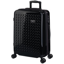 Load image into Gallery viewer, Angled front view of the black suitcase. The telescopic handle is partly pulled up. 
