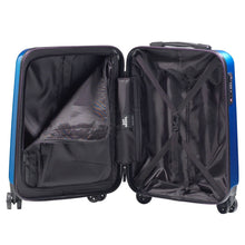 Load image into Gallery viewer, Interior view of the blue suitcase. It features black fabric lining, one zipper-closing panel divider with pockets, and one set of adjustable straps on the opposite side. 
