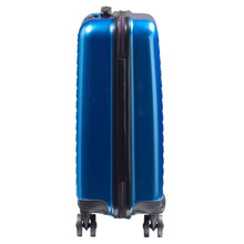 Load image into Gallery viewer, Side panel view of the blue suitcase with black accents.

