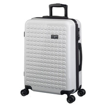 Load image into Gallery viewer, Angled front view of the white suitcase with black accents. The telescopic handle is lifted partway up.
