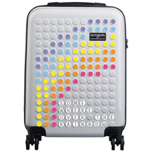 Load image into Gallery viewer, Front view of the white suitcase, decorated with the letter and colorful stickers included into a rainbow and spelling out.
