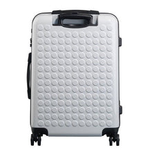 Load image into Gallery viewer, Back panel view of the white suitcase with black accents. 
