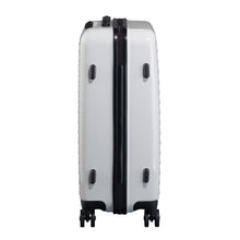 Load image into Gallery viewer, Side panel view of the white suitcase. It has four stub legs to sit the suitcase on its side. 
