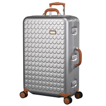 Load image into Gallery viewer, Angled front panel view of the suitcase. The grip handles and telescopic handle are lifted. 
