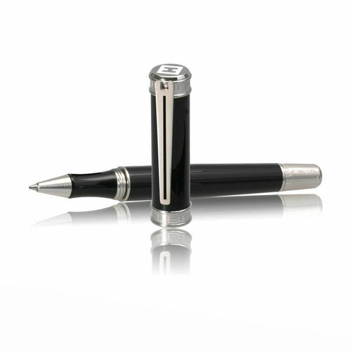 The rollerball pen laid flat on a white surface with the cap placed in front of it. The pen is black with gray trims.
