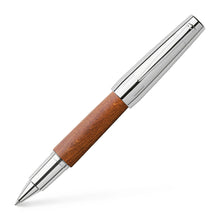 Load image into Gallery viewer, Front view of the pear wood and chrome rollerball pen with the cap posted. 
