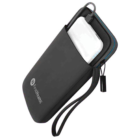 Angled front view of the phone pouch with a phone tucked inside the pocket.