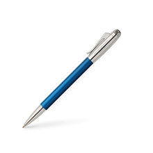Load image into Gallery viewer, Side view of the blue and chrome ballpoint pen on a white background. 
