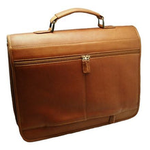 Load image into Gallery viewer, Angled back panel view of the briefcase, featuring a double zipper-closure pocket. 
