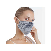 Load image into Gallery viewer, A young woman wearing the silver sequin face mask. 
