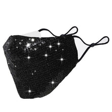 Load image into Gallery viewer, The black sequin face mask with adjustable straps on a white background. 
