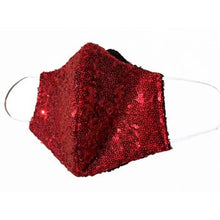 Load image into Gallery viewer, Front view of the red sequin face mask on a white background. 
