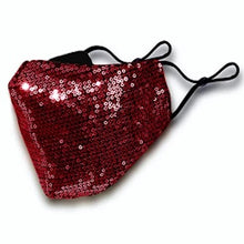 Load image into Gallery viewer, Side view of the red burgundy sequin face mask with adjustable straps. 
