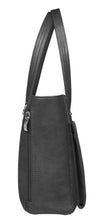 Load image into Gallery viewer, Side panel view of the black leather bag.
