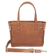 Load image into Gallery viewer, Back view of the tan leather concealed carry bag. The shoulder strap is removed from one end and laid at the front.
