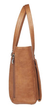 Load image into Gallery viewer, Side panel view of the tan leather concealed carry bag.
