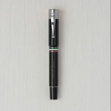 Load image into Gallery viewer, Front view of the black and silver fountain pen with the cap on.
