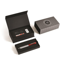 Load image into Gallery viewer, The red Lima pen arranged with the presentation box on a white background. 
