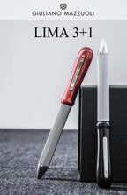 Load image into Gallery viewer, Poster for the Lima pen featuring the Giuliano Mazzuoli logo, and the red and white Lima pens arranged with the box on a gray background.
