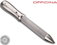Load image into Gallery viewer, Angled view of the Lima pen in polished chrome with a GIuliano Mazzuoli badge and text: OFFICINA
