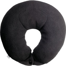 Load image into Gallery viewer, Front view of the black neck pillow with the end buttons snapped together. 
