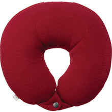 Load image into Gallery viewer, Front view of the red neck pillow with the snap buttons closed together. 
