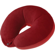 Load image into Gallery viewer, Angled view of a red neck pillow with a soft side and the end snap buttons closed together. 
