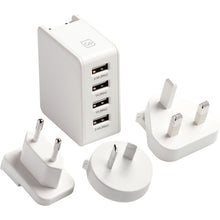 Load image into Gallery viewer, A white worldwide USB charger with four USB ports and three interchangeable plugs for different regions.
