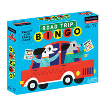 Load image into Gallery viewer, Packaging for 'Road Trip Bingo' game, featuring cartoon illustrations of dogs in a red car holding bingo boards.
