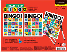 Load image into Gallery viewer, Back panel view of the Bingo Road Trip Packaging, featuring contents, and instructions.
