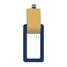 Load image into Gallery viewer, Front view of the blue luggage tag with the lid lifted, showing the contact information form.
