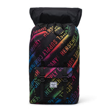 Load image into Gallery viewer, Front view of the stencil roll call backpack with the top lid flipped back.
