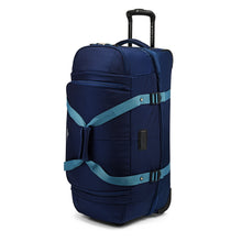 Load image into Gallery viewer, Angled front view of the navy blue duffel bag.
