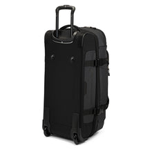 Load image into Gallery viewer, Angled back panel view of the black duffel bag. 
