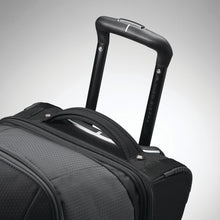 Load image into Gallery viewer, Close up to the grab handle on the black wheeled duffel. 
