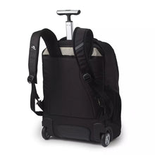 Load image into Gallery viewer, Angled back panel view of the black wheeled backpack.
