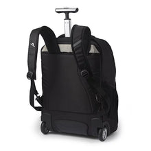 Load image into Gallery viewer, Angled back panel view of the black backpack with the shoulder straps and telescopic handle extended.
