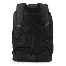 Load image into Gallery viewer, Back panel view of the black wheeled backpack. 
