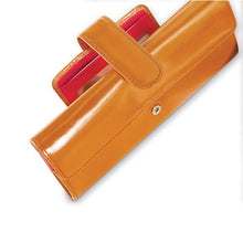 Load image into Gallery viewer, Angled top view of the leather wallet. 
