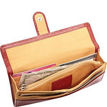Load image into Gallery viewer, Interior view of the wallet with bills and cards inside the compartments.
