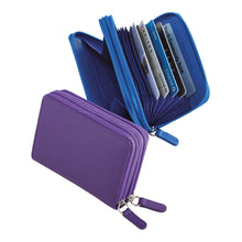 Load image into Gallery viewer, Two wallets one in purple, the other in blue, arranged on a white background. The blue is unzipped and has credit cards arrange in the accordion-styled organizer.
