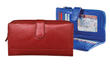 Load image into Gallery viewer, Two leather wallets, one in red and one in blue. 
