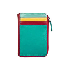 Load image into Gallery viewer, Front view of the turquoise, red, and yellow wallet. 
